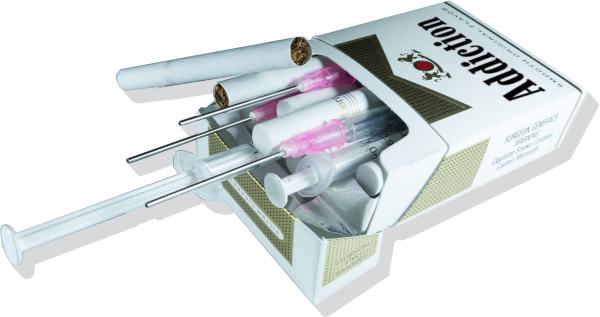 Cigarette package containing cigarettes and hypodermic needles